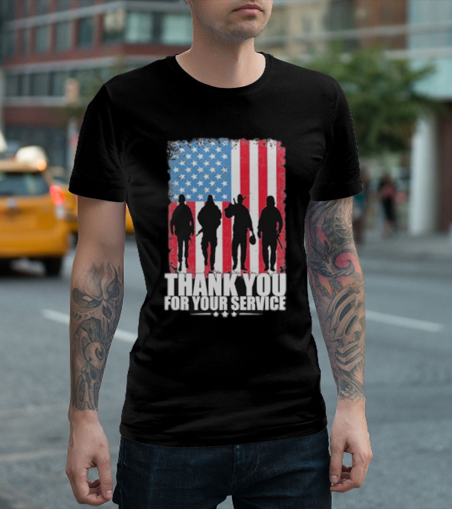 Thank You For Your Service American Flag Soldier Silhouettes Veteran Day T-Shirt