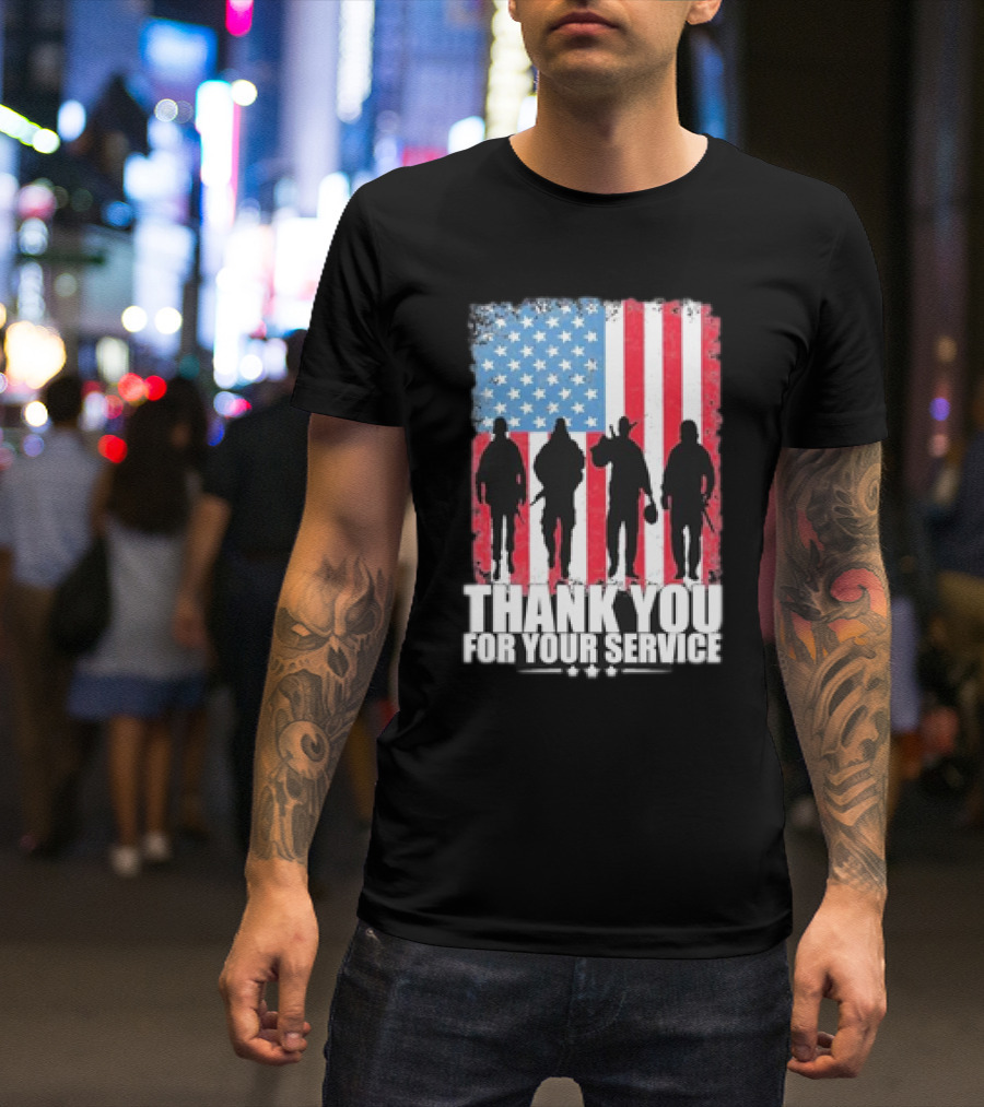 Thank You For Your Service American Flag Soldier Silhouettes Veteran Day T-Shirt