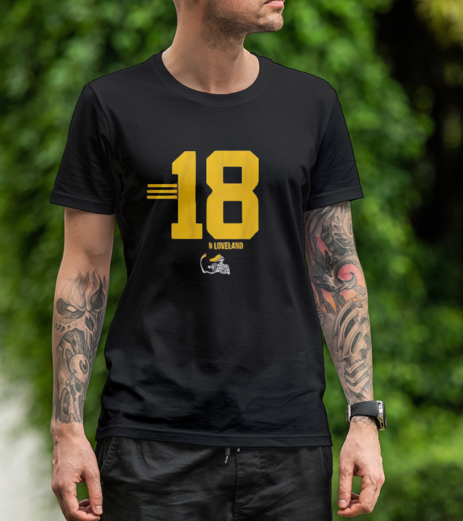 Michigan Wolverines Football Colston Loveland Number 18 Stripe T-Shirt