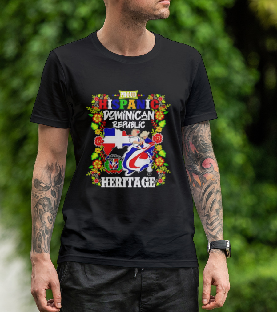 Proud Hispanic Dominican Republic Heritage Flowers And Flag T-Shirt