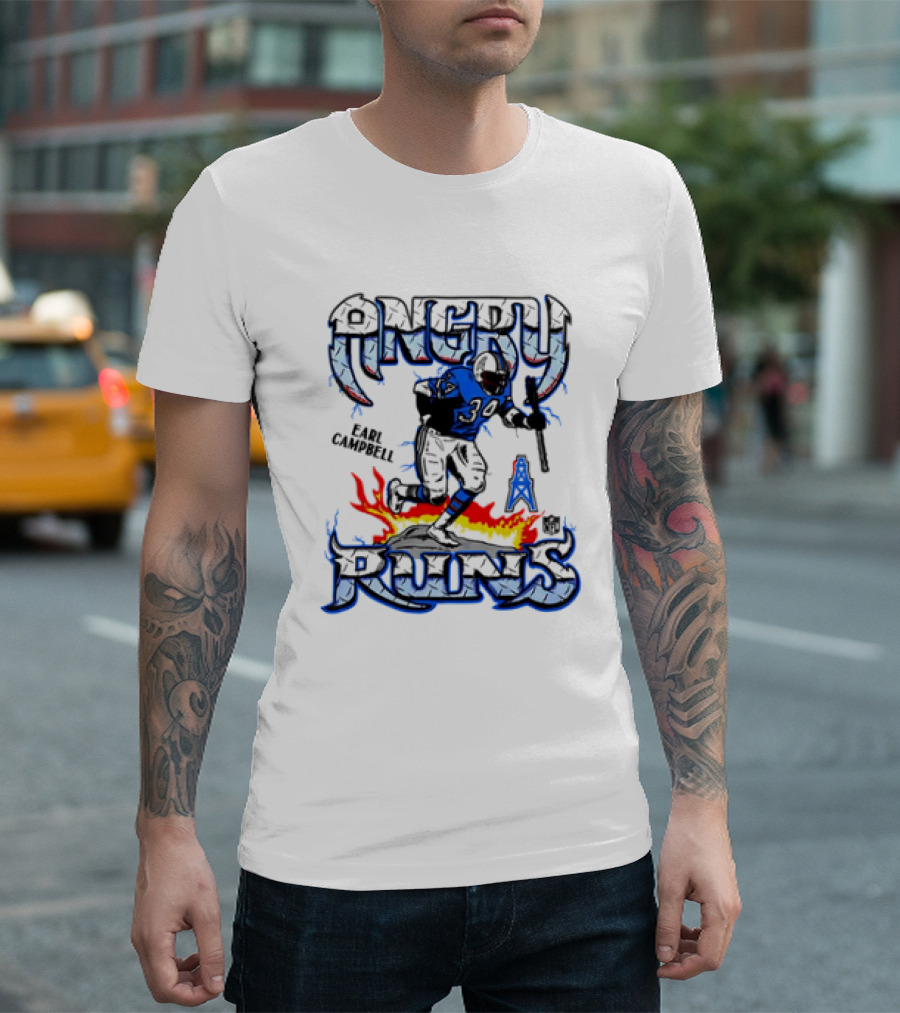 Angry Runs Earl Campbell Oilers NFL Flame Action T-Shirt