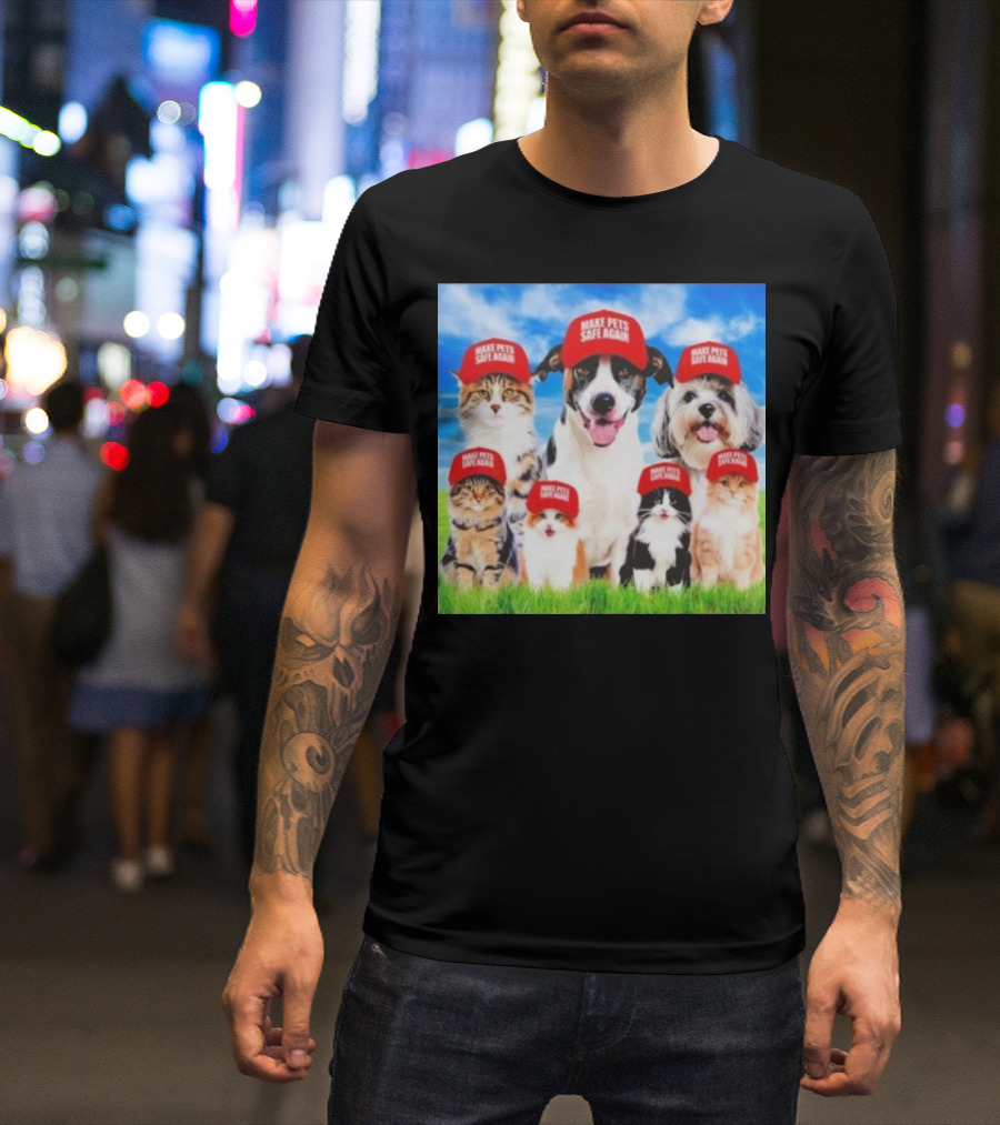 Six Cats And Dogs Wearing Red Make Pets Safe Again Hats On Green Grass T-Shirt