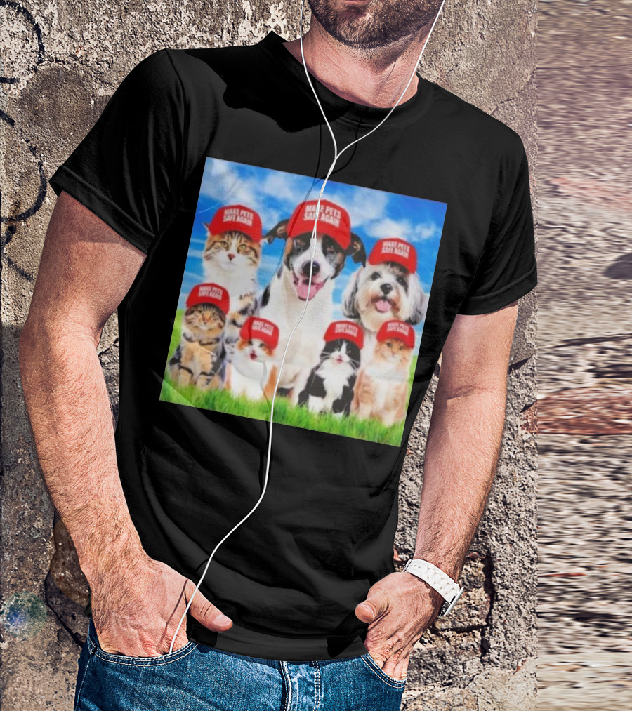 Six Cats And Dogs Wearing Red Make Pets Safe Again Hats On Green Grass T-Shirt