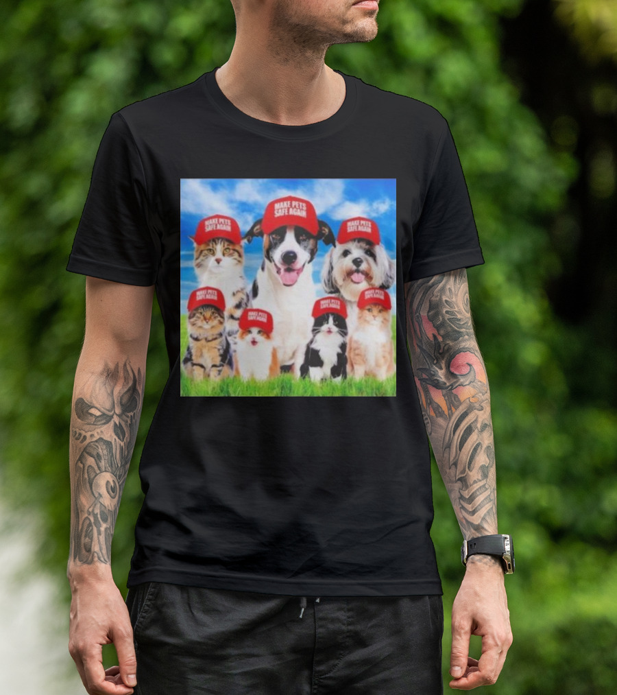 Six Cats And Dogs Wearing Red Make Pets Safe Again Hats On Green Grass T-Shirt