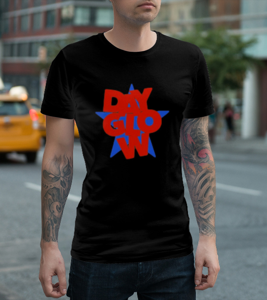 Day Glow Red Blue Star Stacked Black T-Shirt