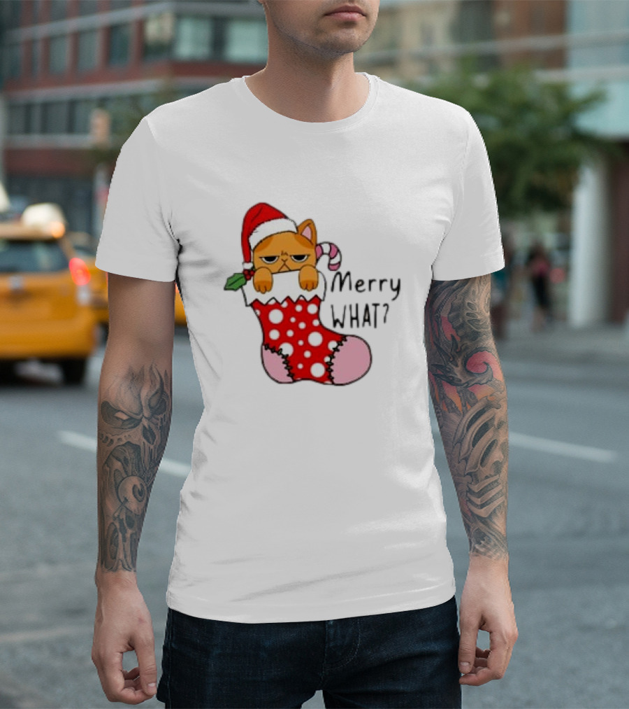 Merry What Cat in Santa Hat Christmas Stocking T-Shirt