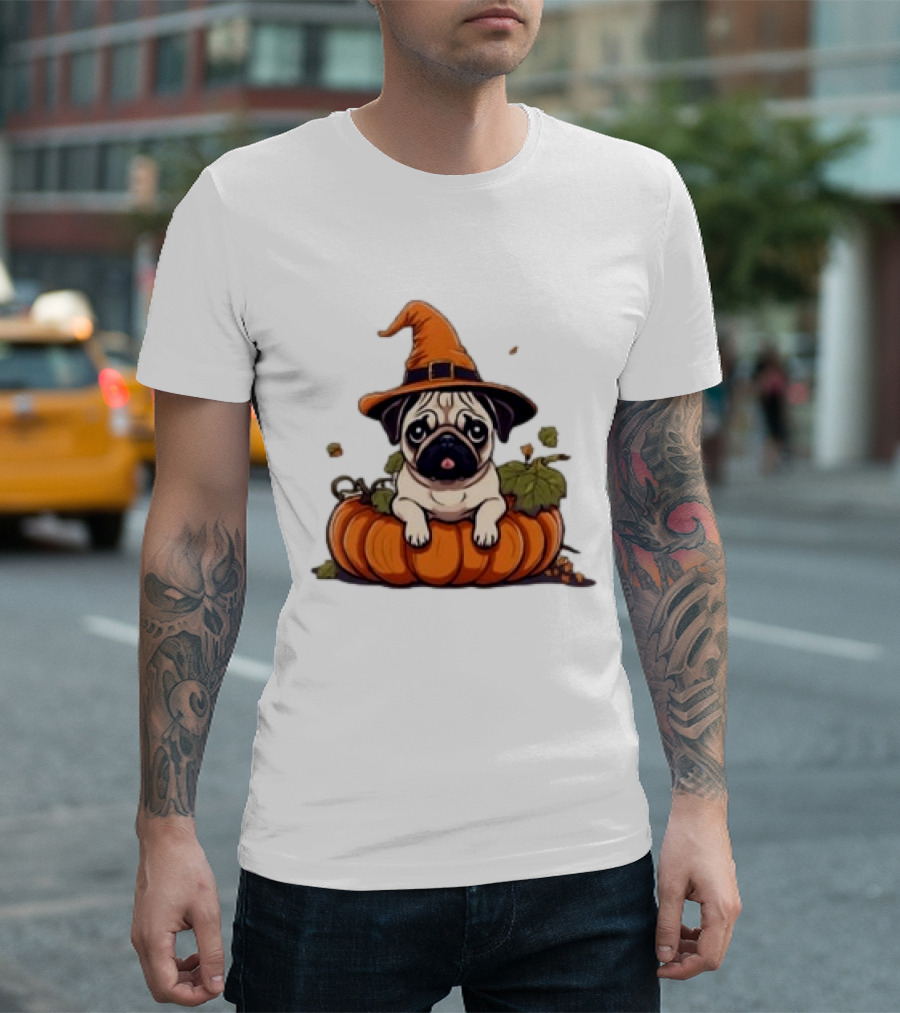 Halloween Pug In Orange Witch Hat With Pumpkin T-Shirt