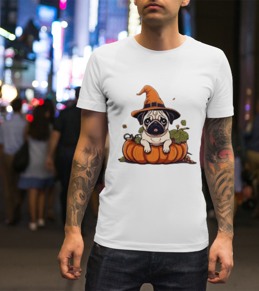 Halloween Pug In Orange Witch Hat With Pumpkin T-Shirt