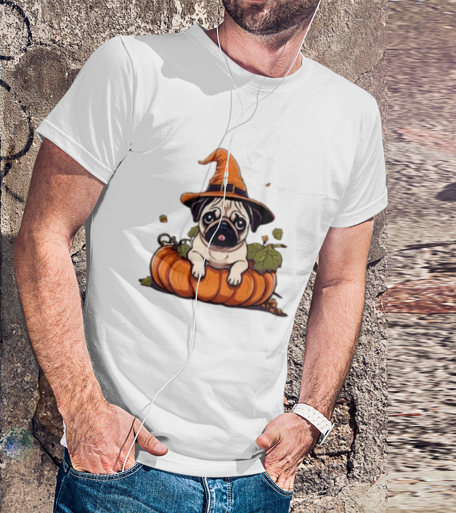 Halloween Pug In Orange Witch Hat With Pumpkin T-Shirt