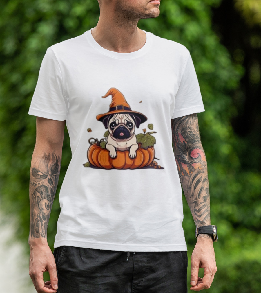 Halloween Pug In Orange Witch Hat With Pumpkin T-Shirt