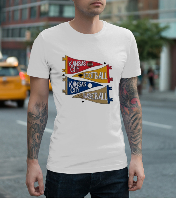 Kansas City Football And Baseball Pennants With Iconic Team Colors And Symbols T-Shirt