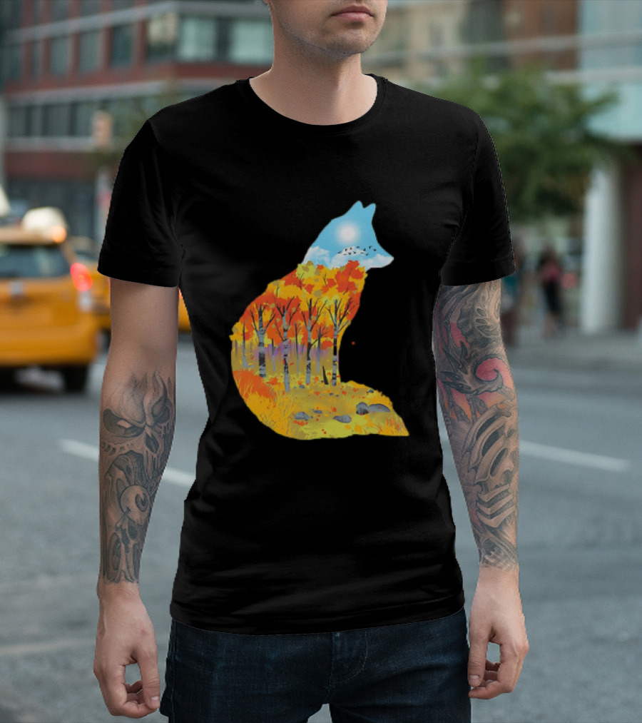 Fox Autumn Forest Landscape with Sun and Birds - I Am The Forest II T-Shirt