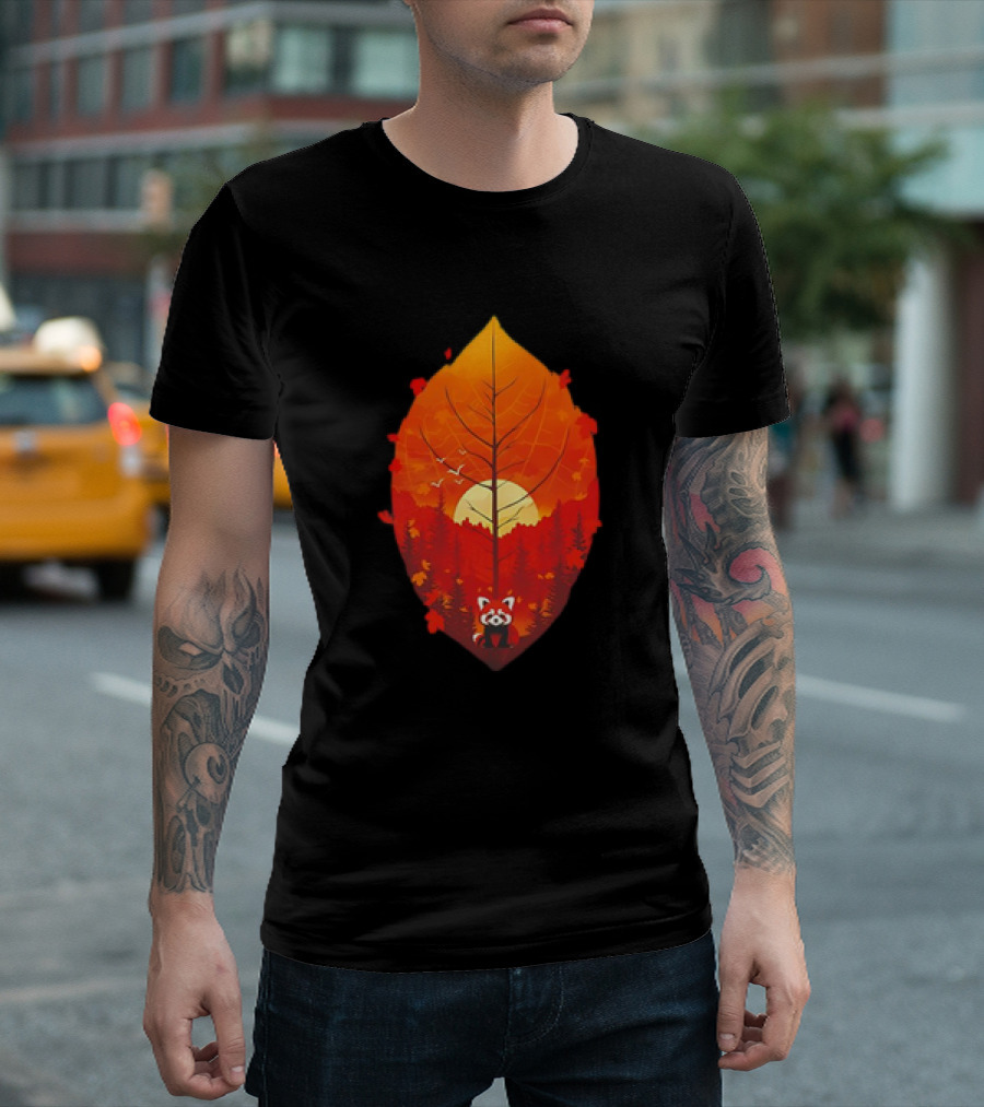 Panda Red Leaf Forest Sunset T-Shirt