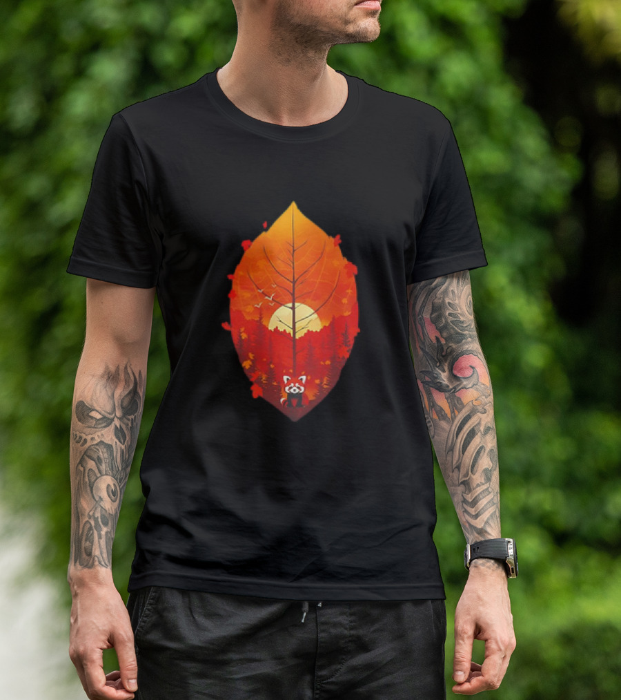 Panda Red Leaf Forest Sunset T-Shirt