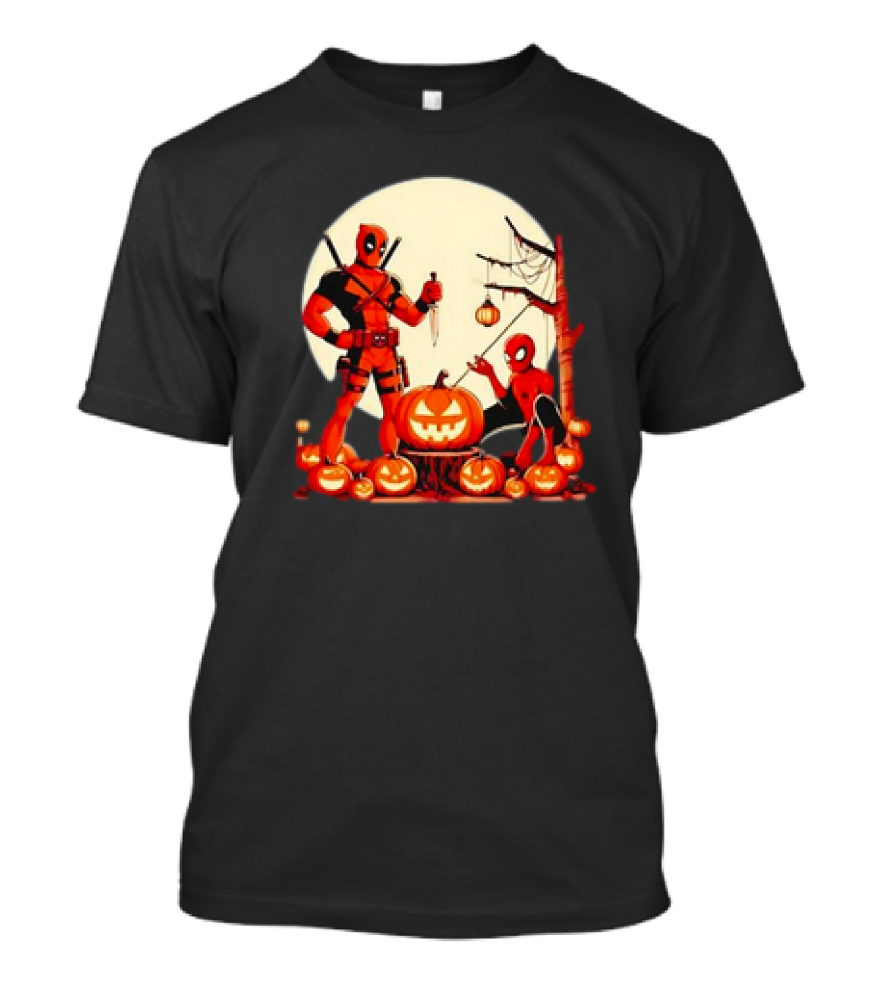 Deadpool And Spiderman Retro Halloween Pumpkins Moon Scene T-Shirt