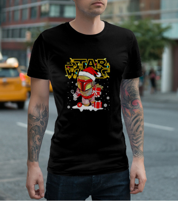 Disneyland Star Wars Boba Fett Christmas Santa Hat And Gifts Snowflakes T-Shirt