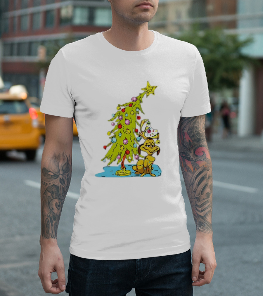 Christmas With Dog Max and Whoville Tree Festive Lights Cartoon Scene T-Shirt