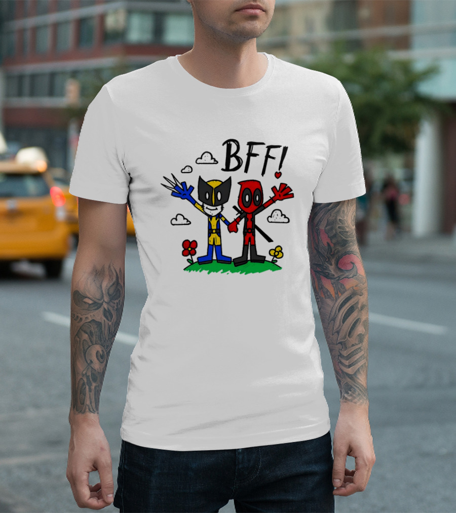 Deadpool and Wolverine BFF Cartoon Style with Heart and Clouds T-Shirt