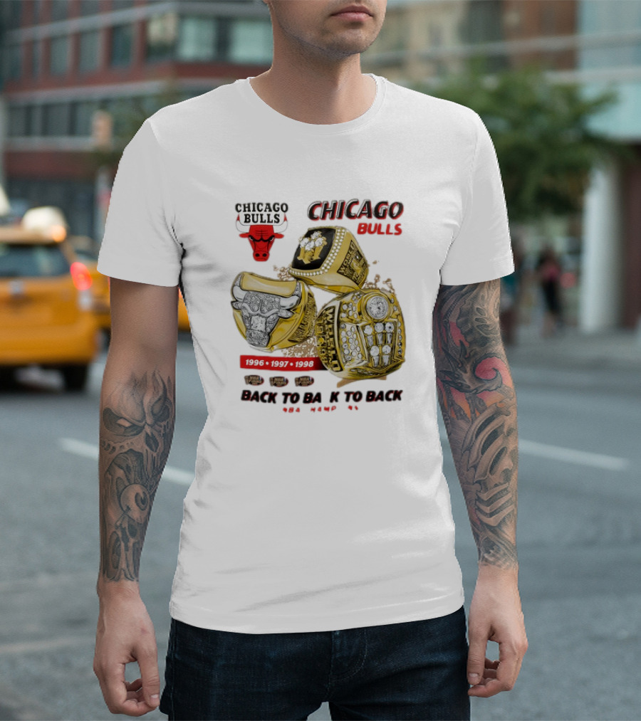 Mitchell And Ness Chicago Bulls 1996 1997 1998 Back To Back To Back NBA Champions Rings T-Shirt