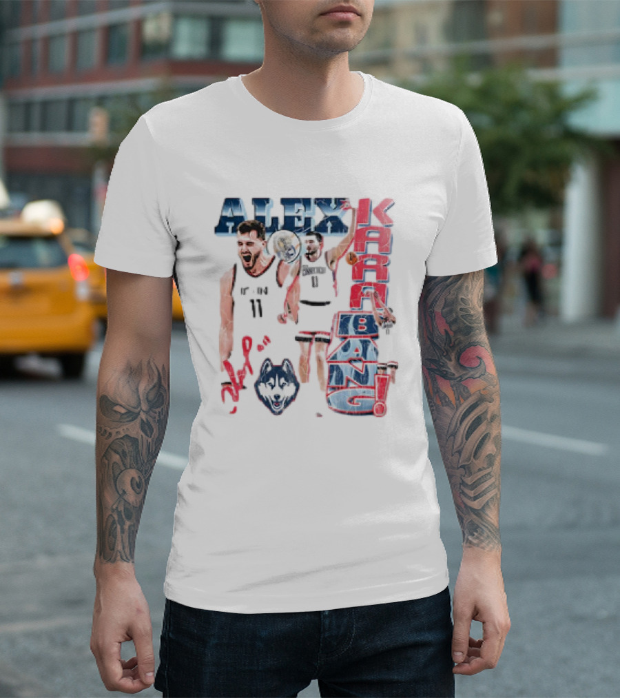 Alex Karaban UConn Huskies Basketball 90s Retro Style with Player Imagery and Team T-Shirt