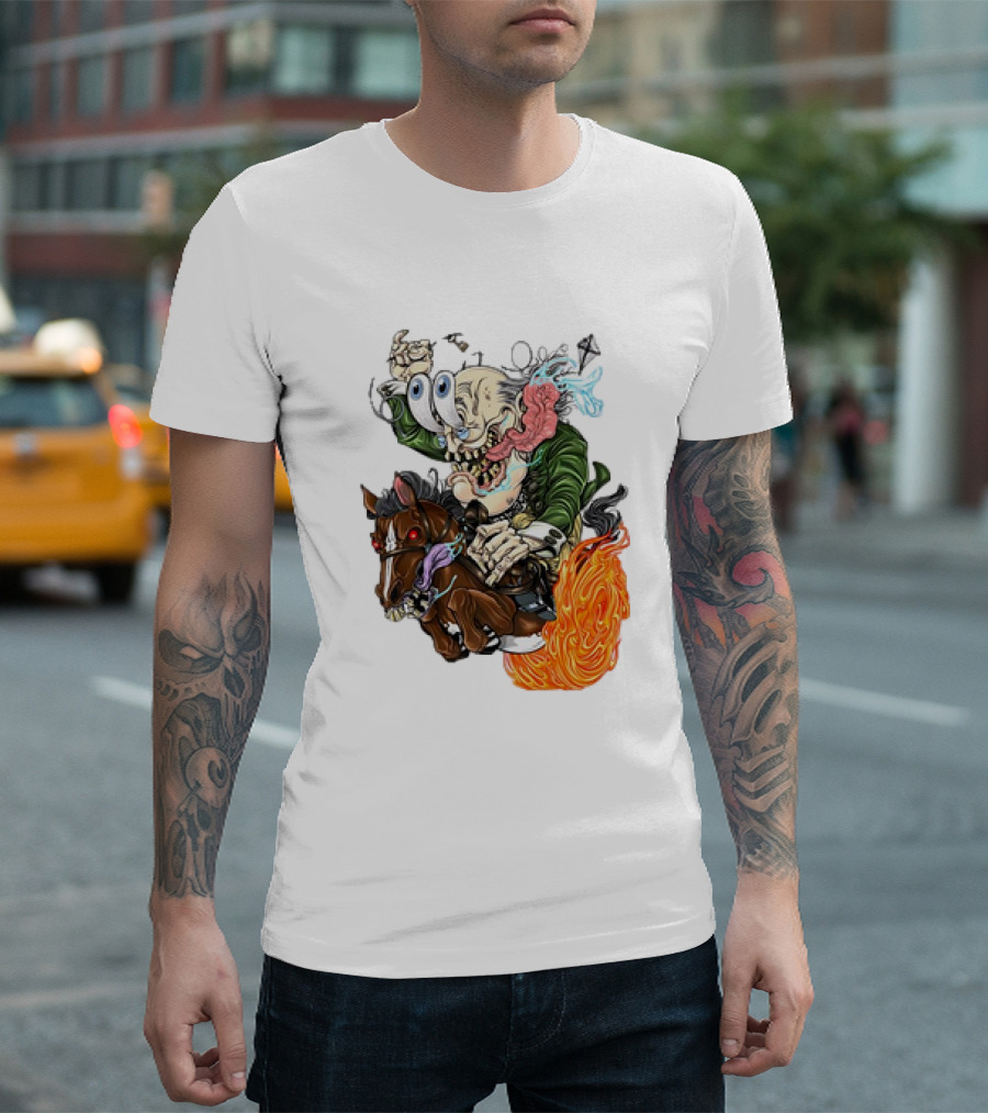 Ben FINKlin Surreal Dual-Eyed Figure On Flame-Engulfed Horse T-Shirt