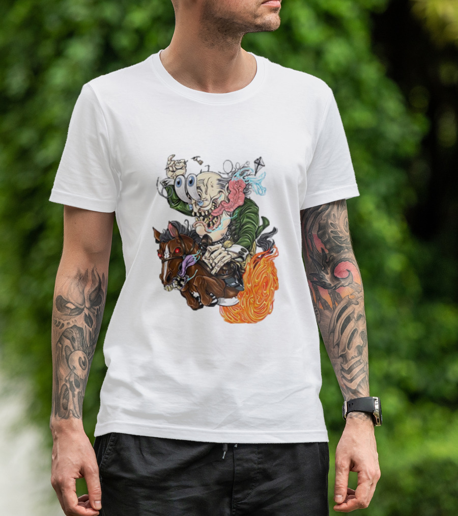 Ben FINKlin Surreal Dual-Eyed Figure On Flame-Engulfed Horse T-Shirt