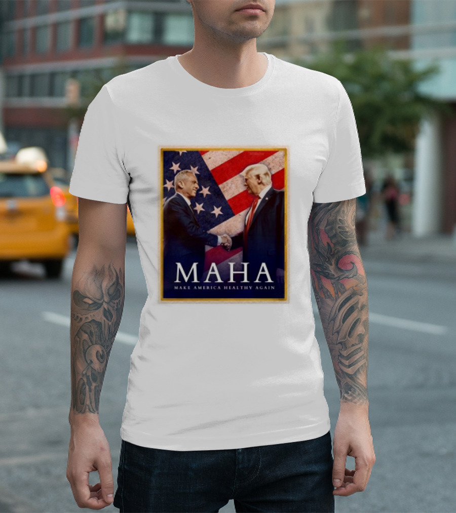 MAHA Make America Healthy Again Trump Kennedy American Flag Background T-Shirt
