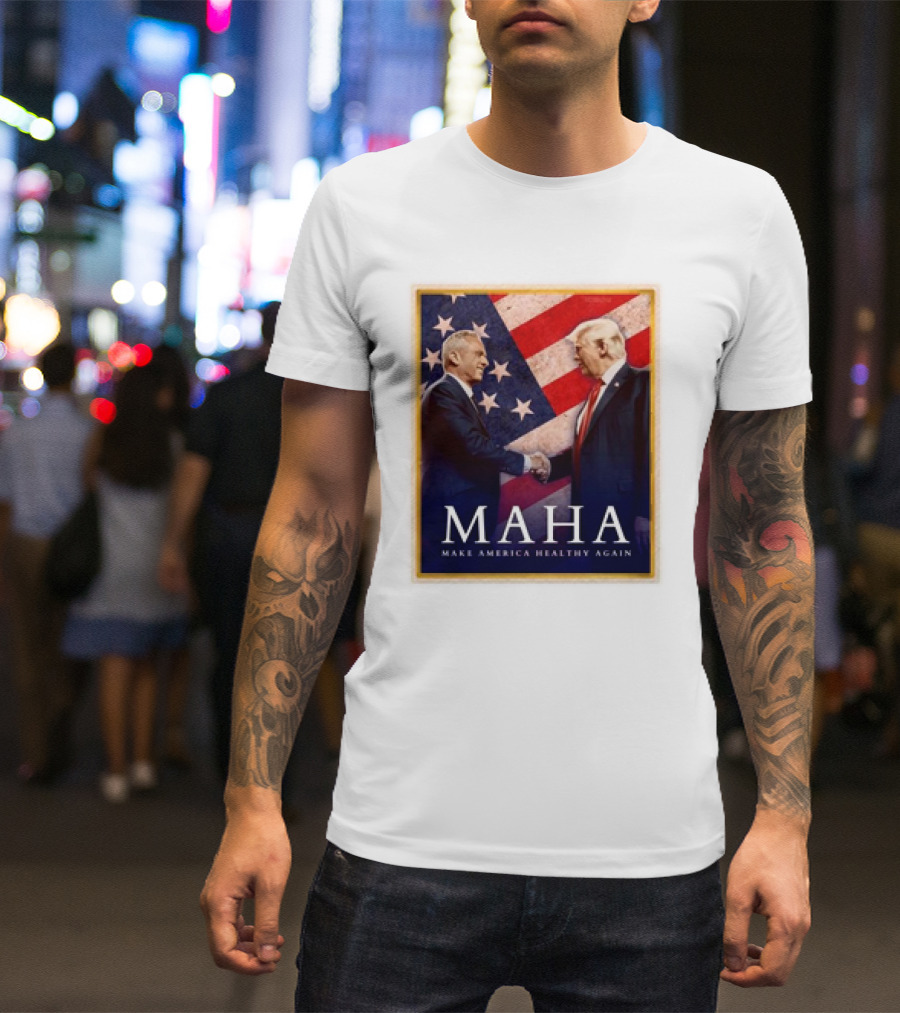 MAHA Make America Healthy Again Trump Kennedy American Flag Background T-Shirt