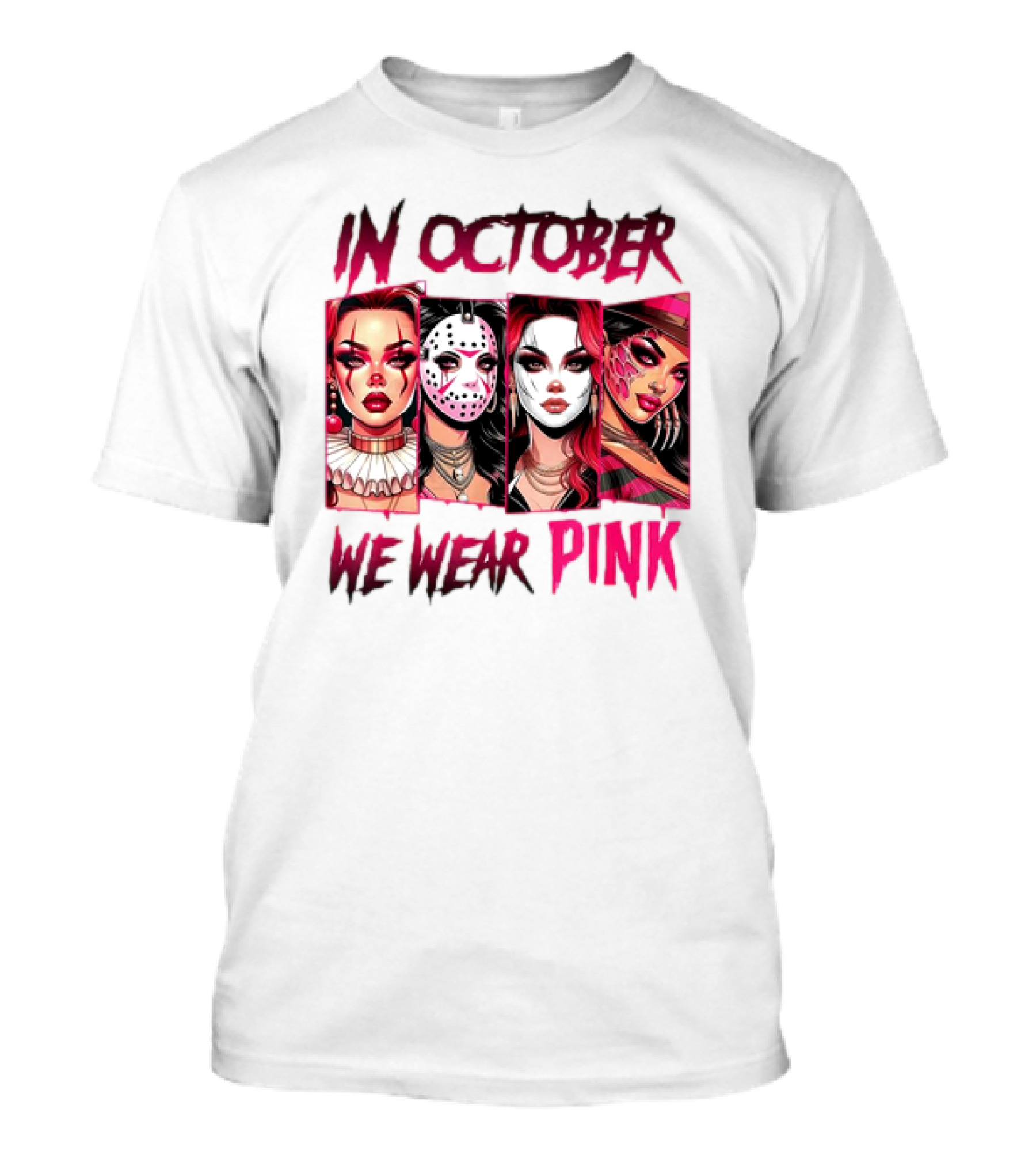 In October We Wear Pink Horror Girl Halloween Masked Characters T-Shirt