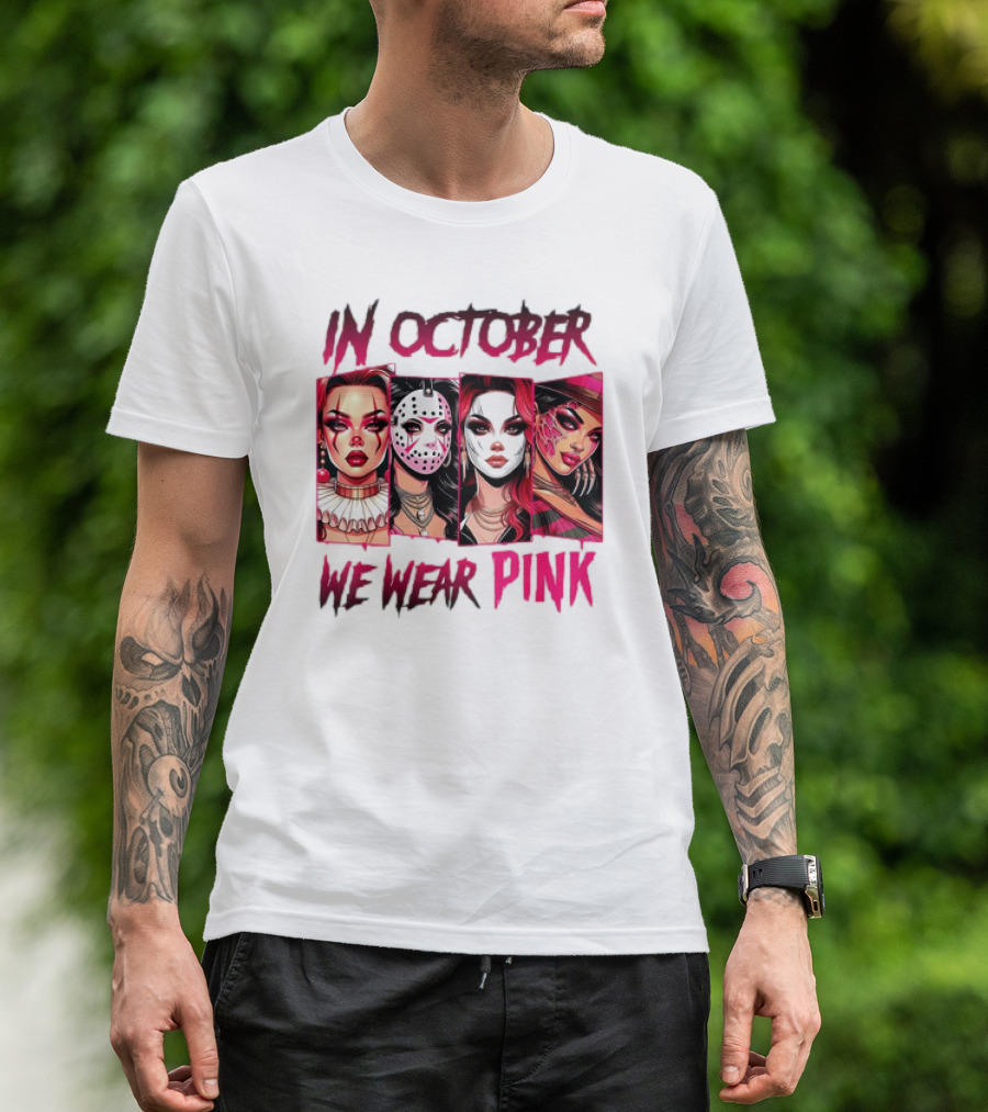 In October We Wear Pink Horror Girl Halloween Masked Characters T-Shirt