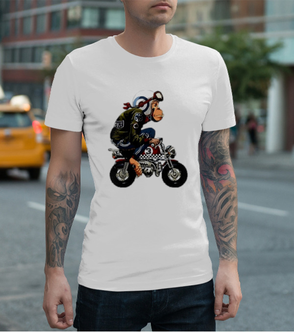 Monkey Riding Checkered Mini Bike Cartoon T-Shirt