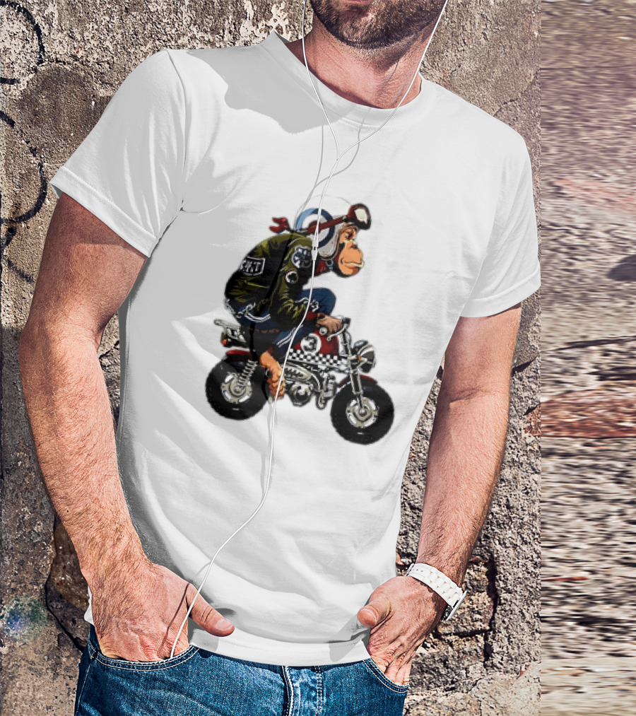 Monkey Riding Checkered Mini Bike Cartoon T-Shirt
