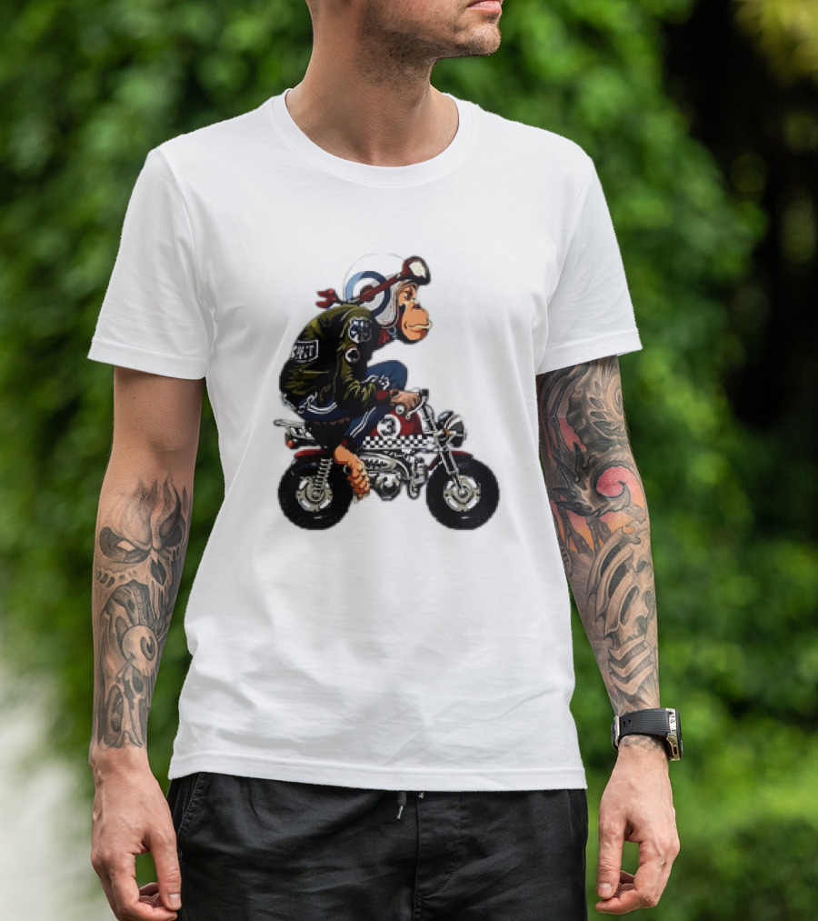 Monkey Riding Checkered Mini Bike Cartoon T-Shirt