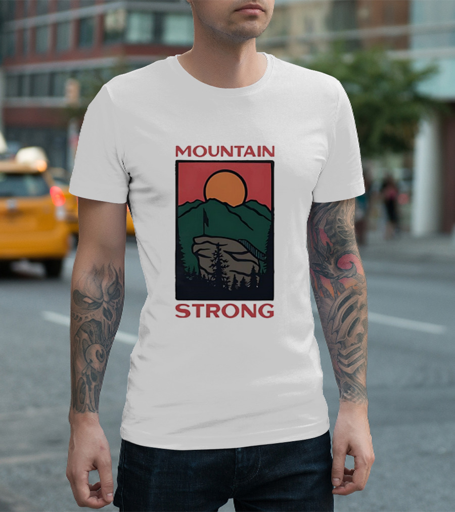 Mountain Strong Sunset over Ridge with Flag T-Shirt
