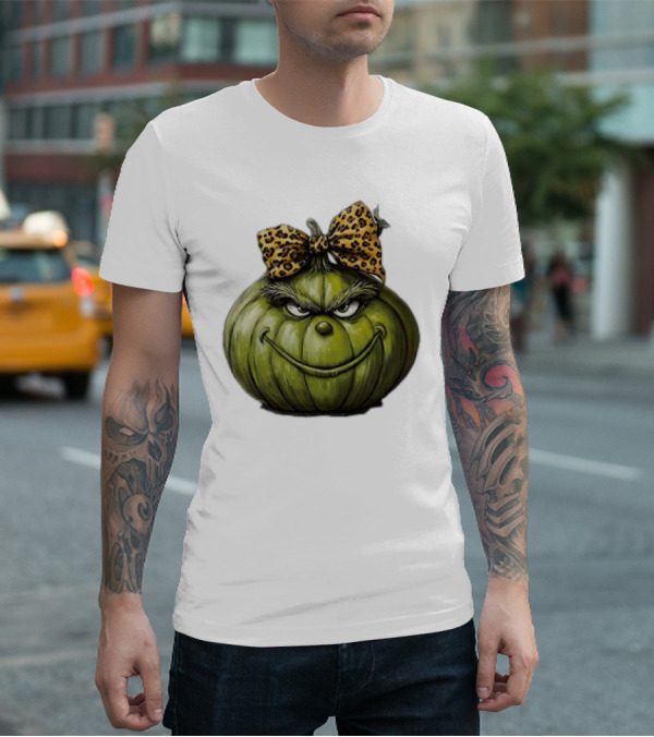 Retro Vintage Leopard Bow Grinch Pumpkin T-Shirt
