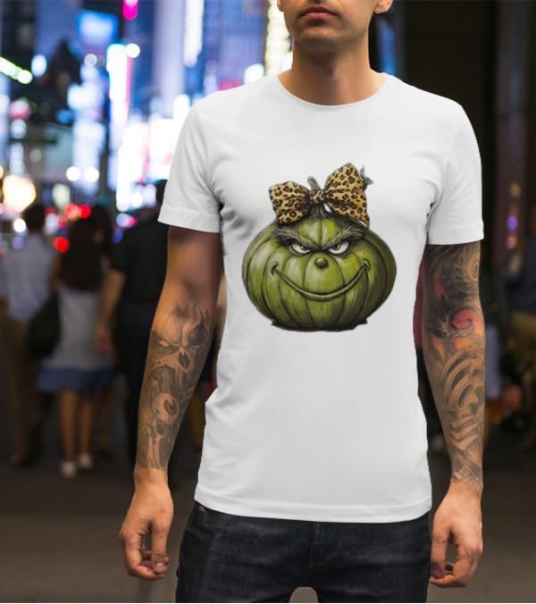 Retro Vintage Leopard Bow Grinch Pumpkin T-Shirt