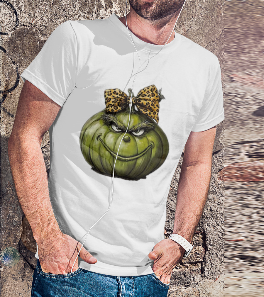 Retro Vintage Leopard Bow Grinch Pumpkin T-Shirt
