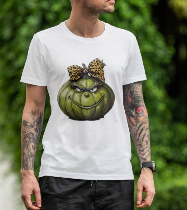 Retro Vintage Leopard Bow Grinch Pumpkin T-Shirt