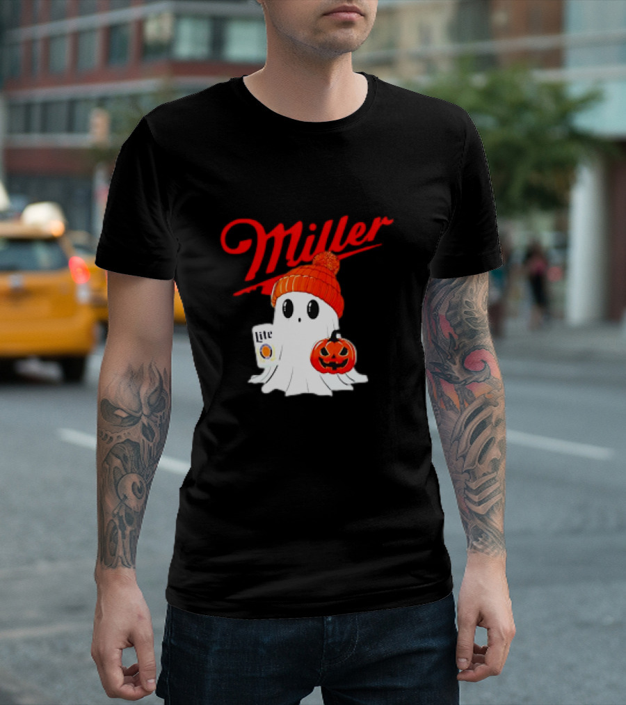 Miller Lite Halloween Ghost Pumpkin Beanie T-Shirt