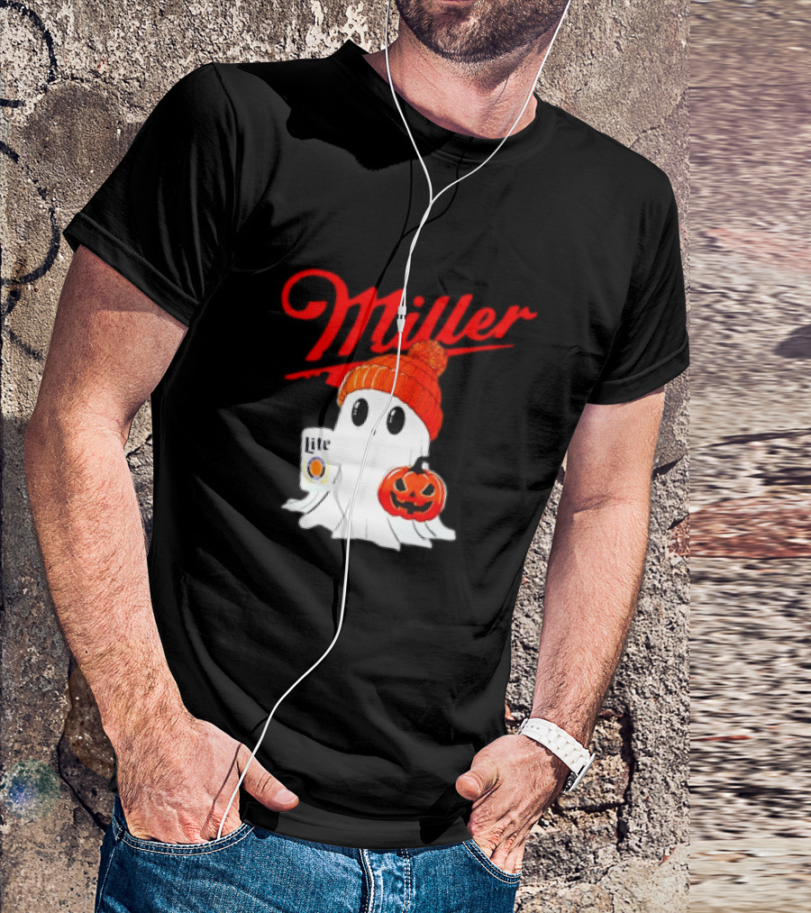 Miller Lite Halloween Ghost Pumpkin Beanie T-Shirt