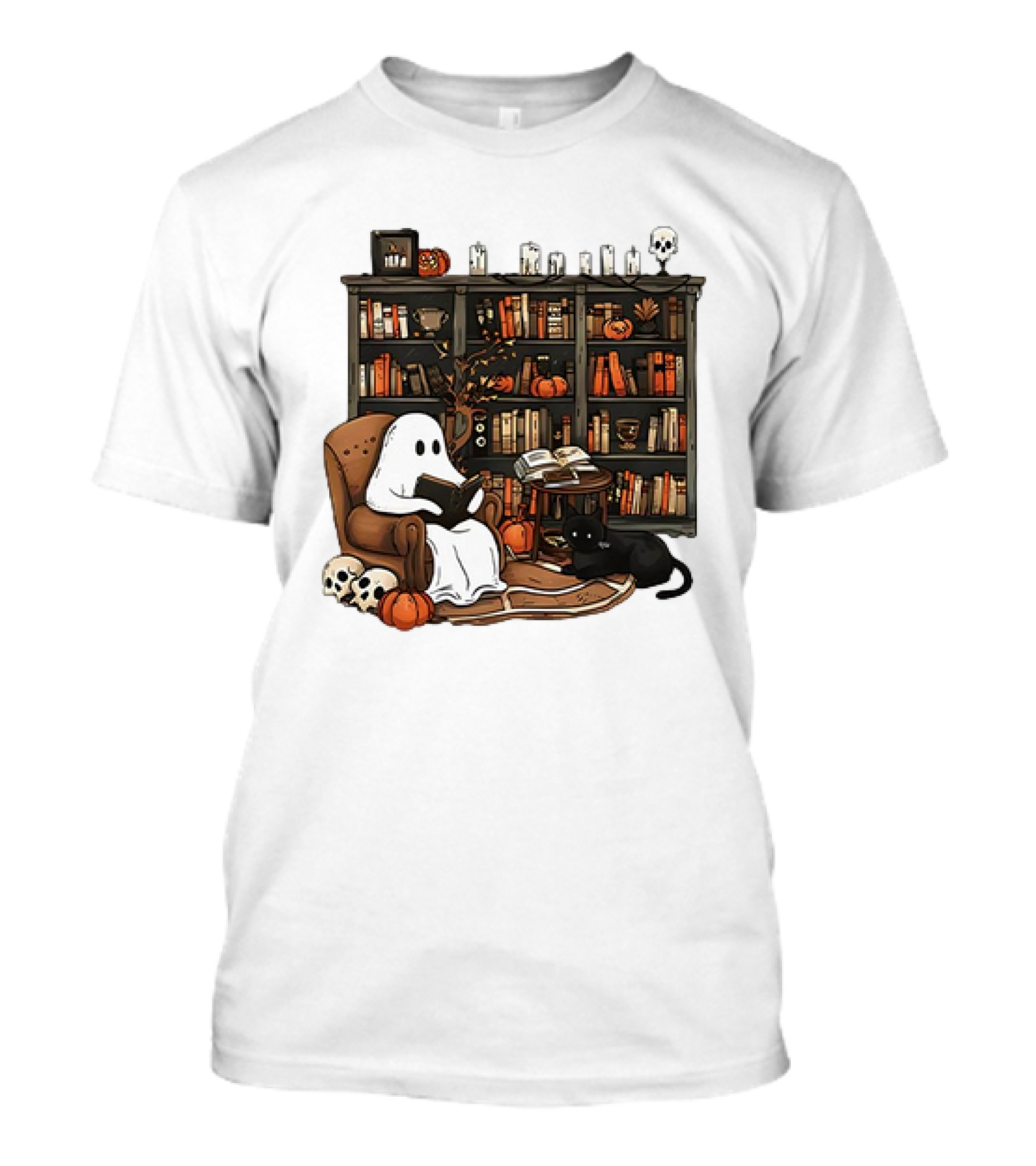 Ghost Reading Books With Black Cat And Pumpkins Retro Halloween Library T-Shirt