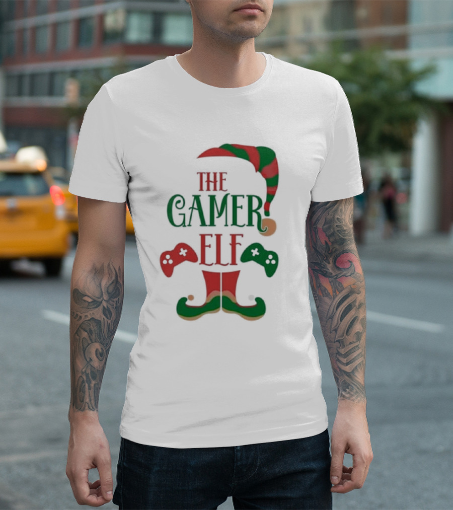 The Gamer Elf with Christmas Hat and Controllers T-Shirt