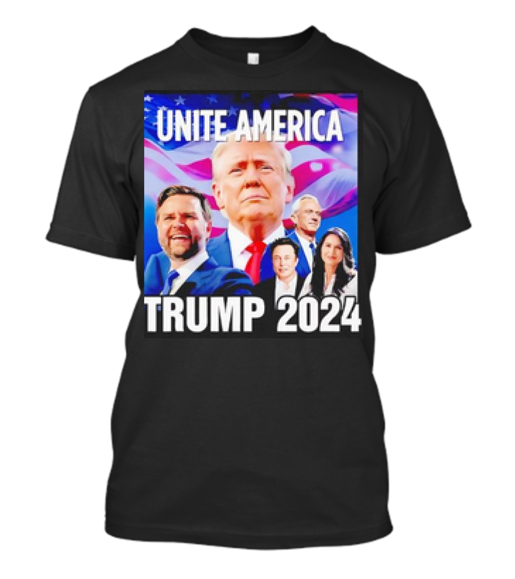 Unite America Trump 2024 Campaign Image With Prominent Figures And American Flag T-Shirt