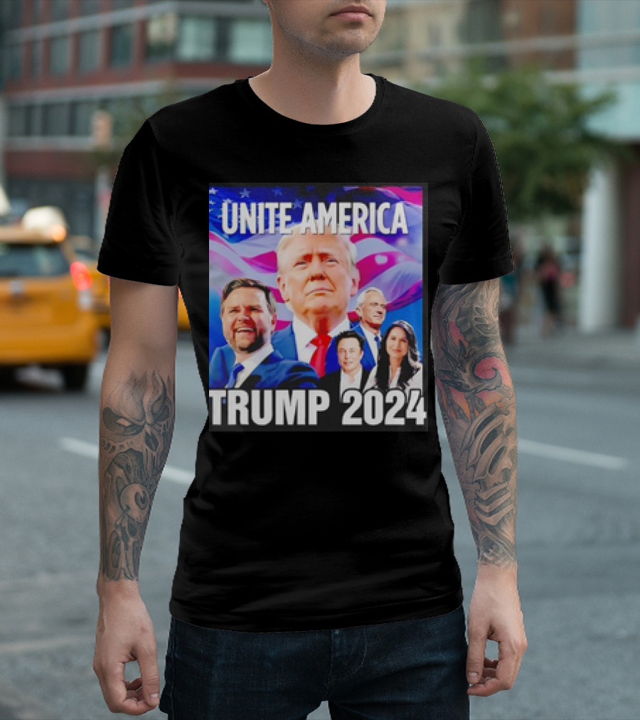 Unite America Trump 2024 Campaign Image With Prominent Figures And American Flag T-Shirt