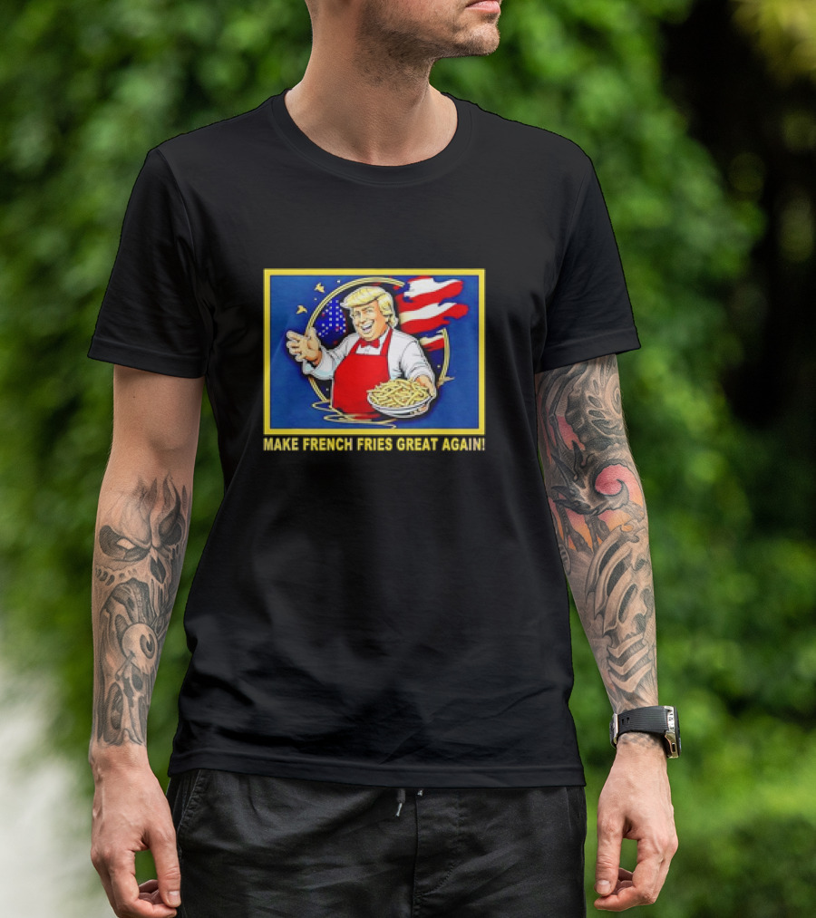 Trump Cartoon Make French Fries Great Again US Flag Background T-Shirt