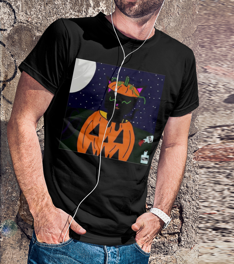 Cat O’Lantern Halloween Black Cat In Pumpkin Under Moon With Milk Carton T-Shirt