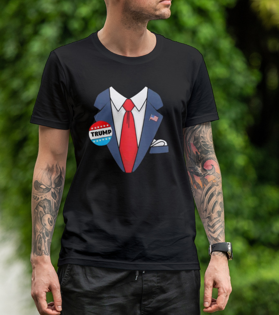 Trump Suit Red Tie Badge USA Flag Halloween Costume T-Shirt