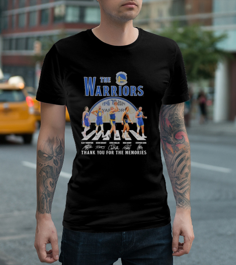 The Warriors 78th Anniversary 1946-2024 Thank You For The Memories Signatures Klay Thompson Kevin Durant Chris Mullin Rick Barry Stephen Curry T-Shirt