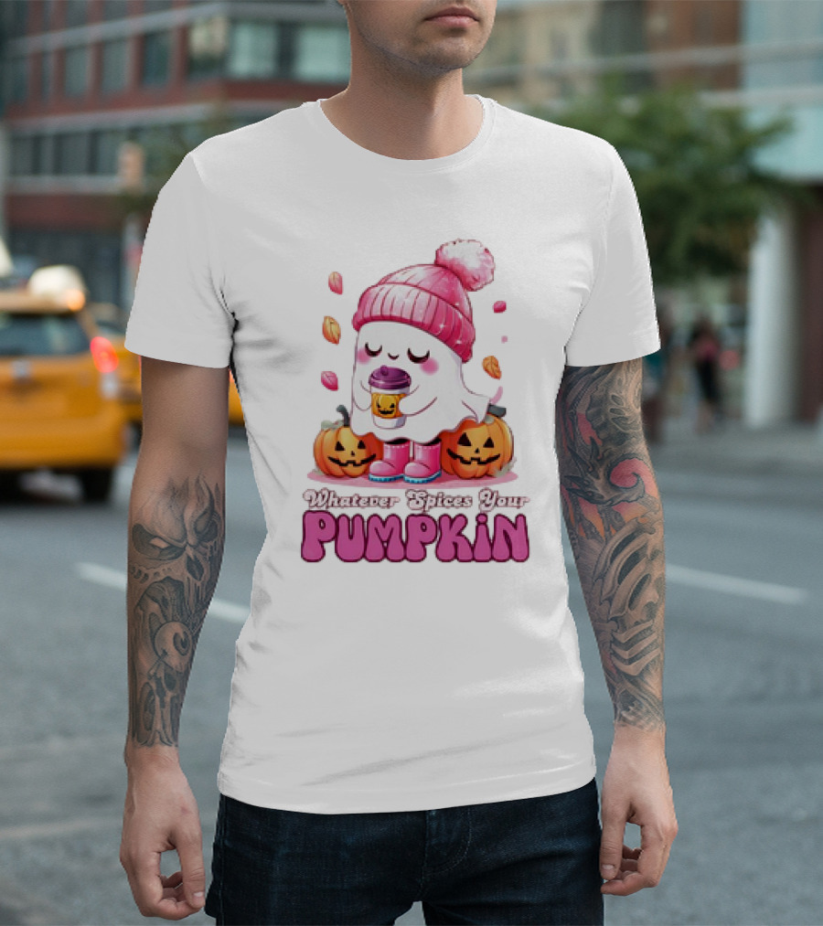 Ghost in Pink Beanie with Coffee and Pumpkins Whatever Spices Your Pumpkin T-Shirt