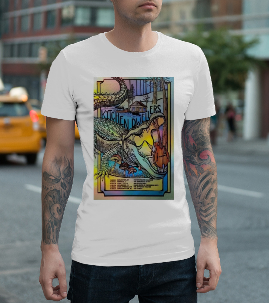 Kitchen Dwellers Fall 2024 Tour Alligator Cabin Scene with Guitar T-Shirt